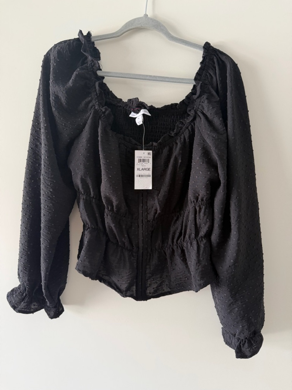 Black Swiss Dot Peasant Blouse with Smocked Waist - XL